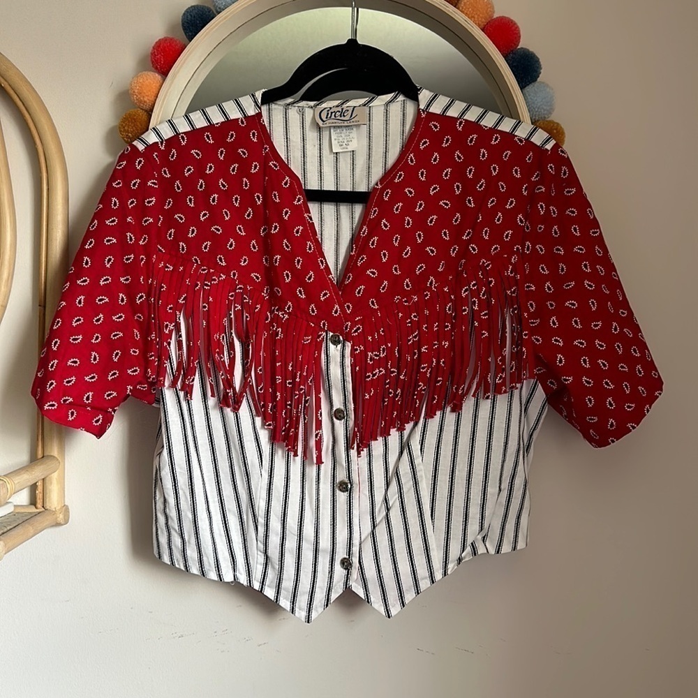 Vintage Circle T by Marilyn Lenox Western Stripe Bandana Fringe Crop Top Shirt